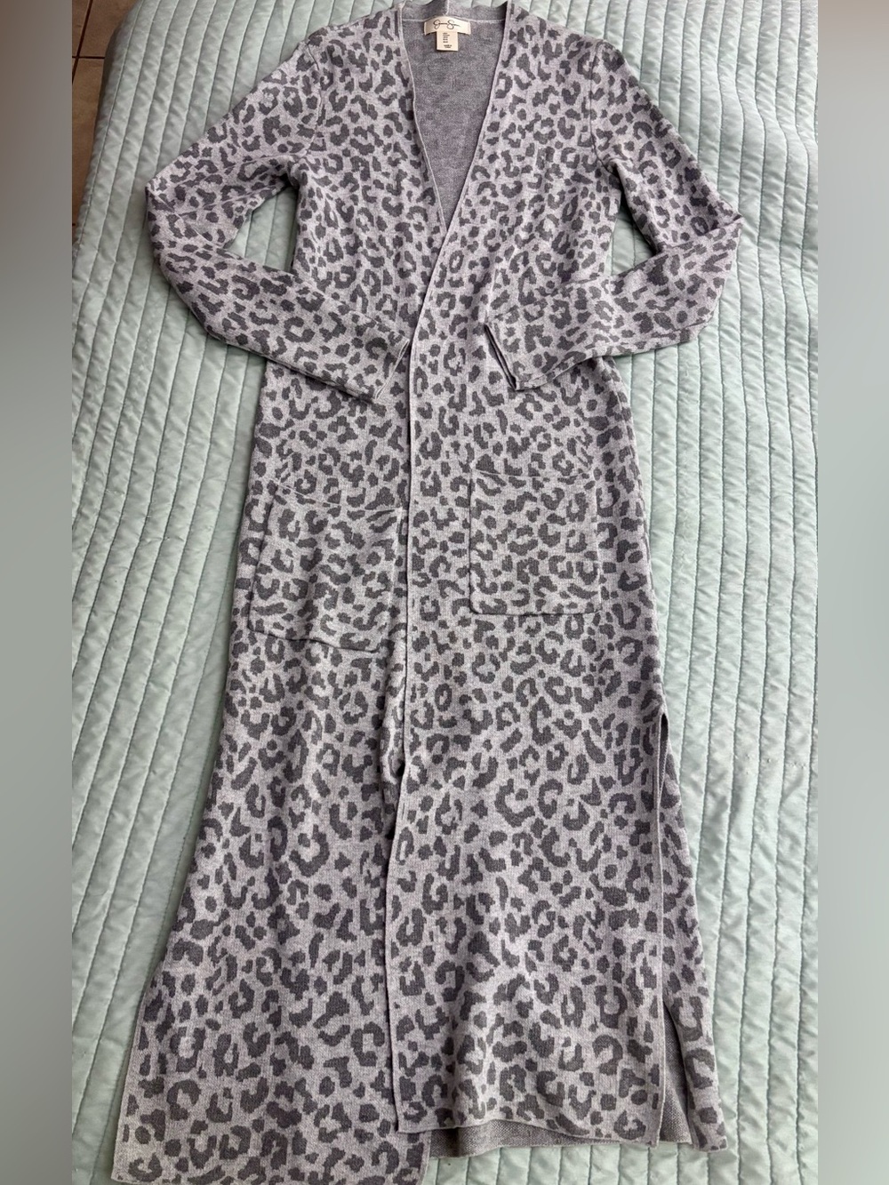 Jessica Simpson Gray Leopard Print Long Knit Cardigan